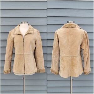 Vintage 90s y2k‎ Penny Lane Tan Suede Leather Whipstich Sherpa Lined Jacket Lg